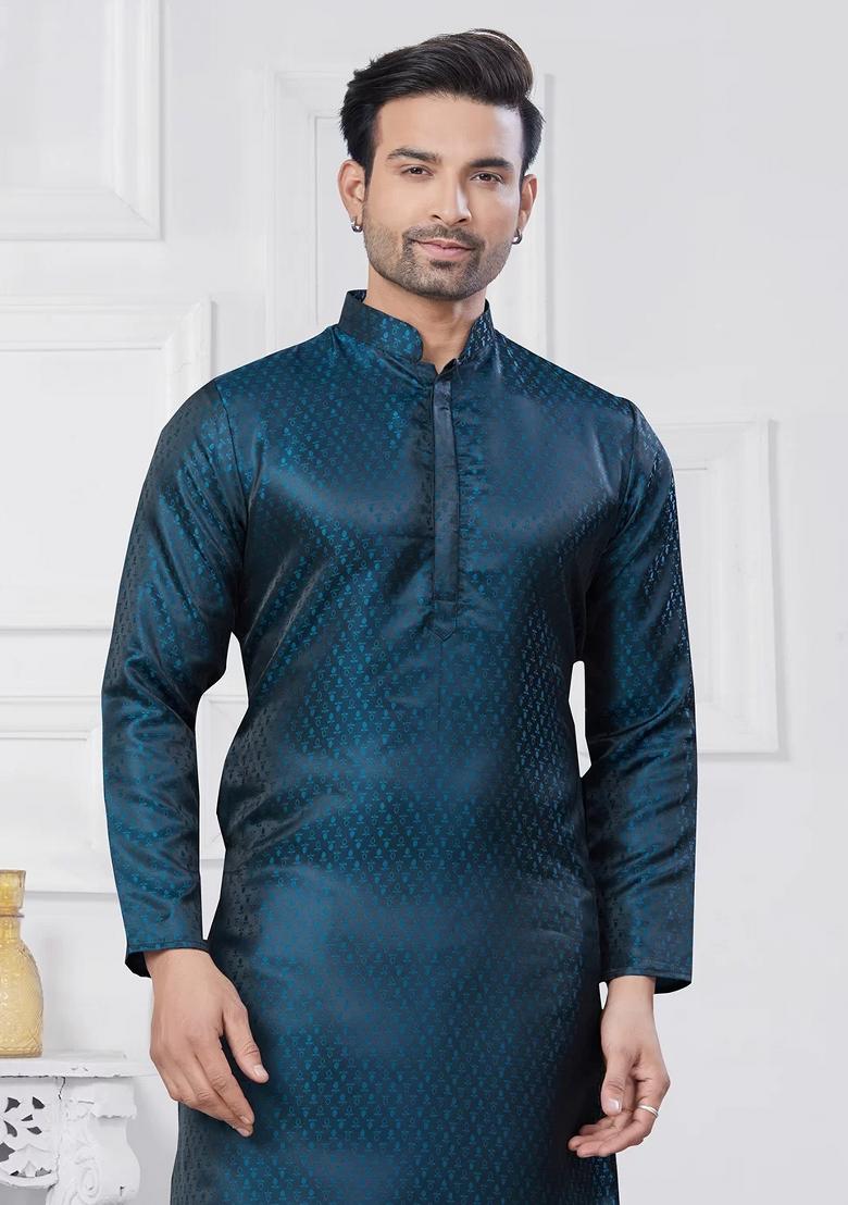 Teal Blue Embroidered Jacquard Kurta Set For Men