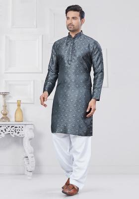 Grey Embroidered Jacquard Kurta Set For Men