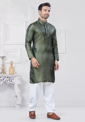 Sea Green Embroidered Jacquard Kurta Set For Men