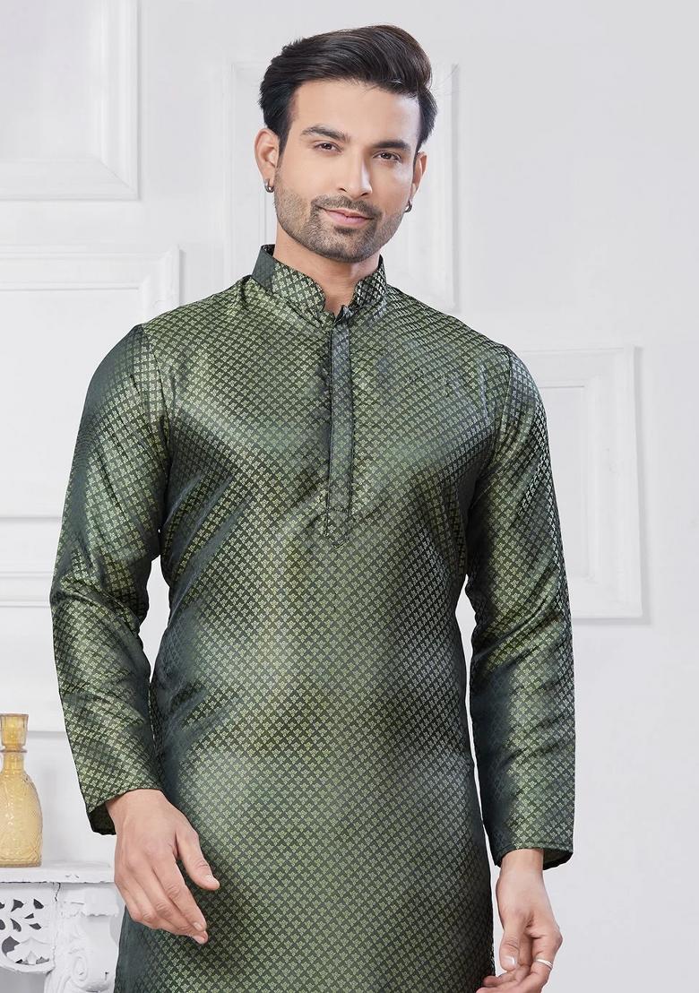 Sea Green Embroidered Jacquard Kurta Set For Men