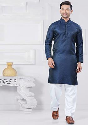 Navy Blue Embroidered Jacquard Kurta Set For Men