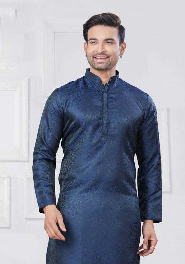 Navy Blue Embroidered Jacquard Kurta Set For Men