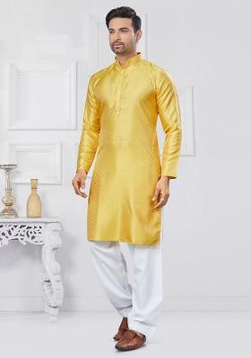 Yellow Embroidered Jacquard Kurta Set For Men