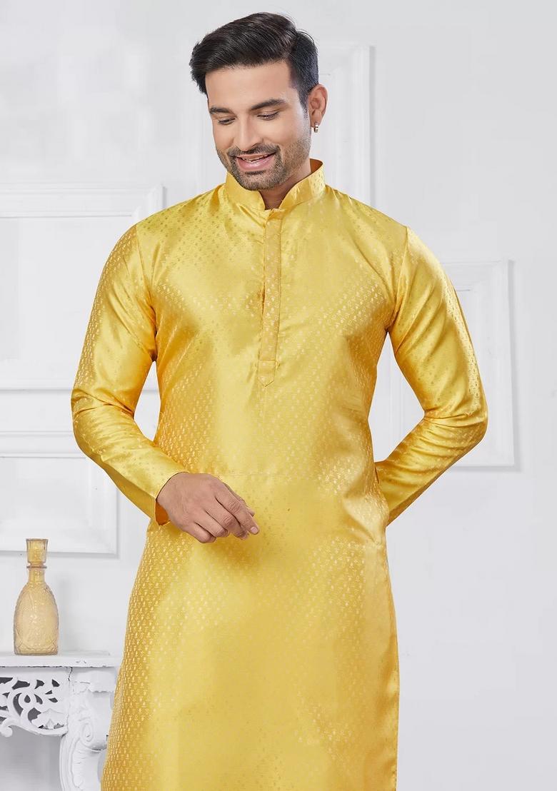 Yellow Embroidered Jacquard Kurta Set For Men