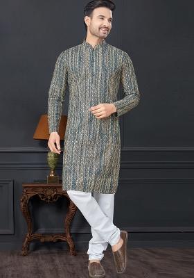 Grey Printed Rayon Kurta Set For Men