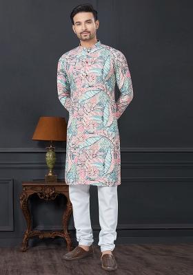 Pink Printed Rayon Kurta Set For Men
