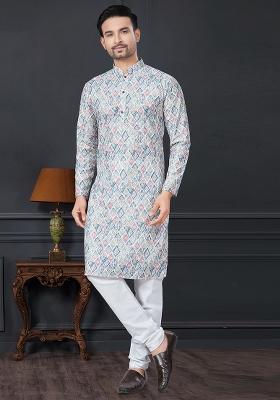Sky Blue Printed Rayon Kurta Set For Men
