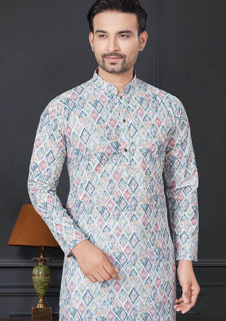 Sky Blue Printed Rayon Kurta Set For Men