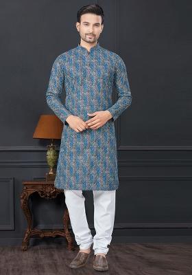 Blue Printed Rayon Kurta Set For Men
