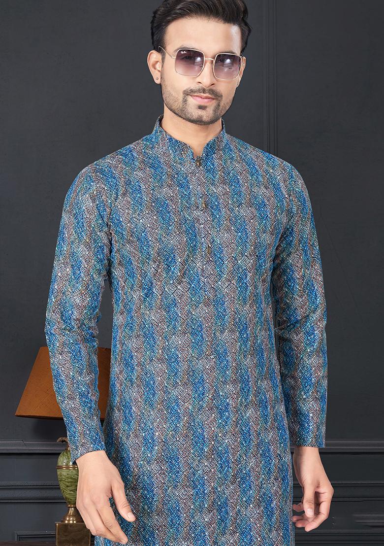 Blue Printed Rayon Kurta Set For Men