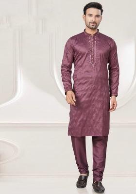 Dark Purple Embroidered Pure Silk Kurta Set For Men