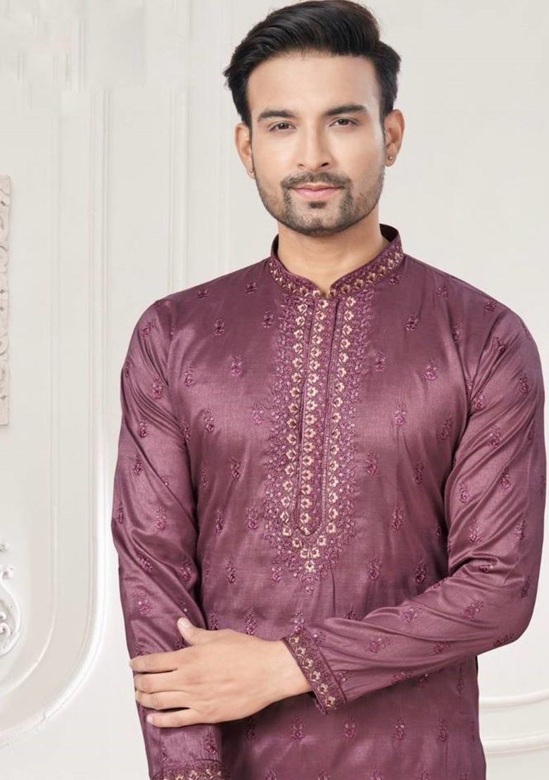 Dark Purple Embroidered Pure Silk Kurta Set For Men