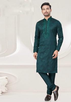 Teal Green Embroidered Pure Silk Kurta Set For Men