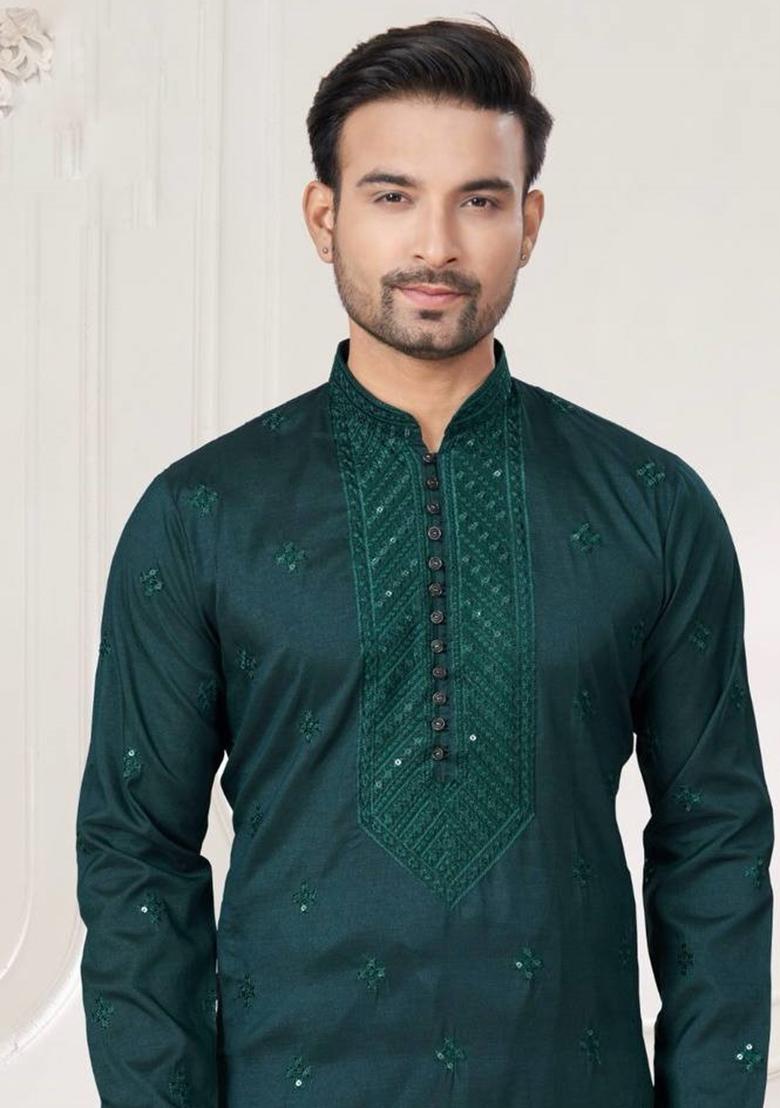 Teal Green Embroidered Pure Silk Kurta Set For Men