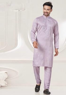 Lavender Embroidered Pure Silk Kurta Set For Men