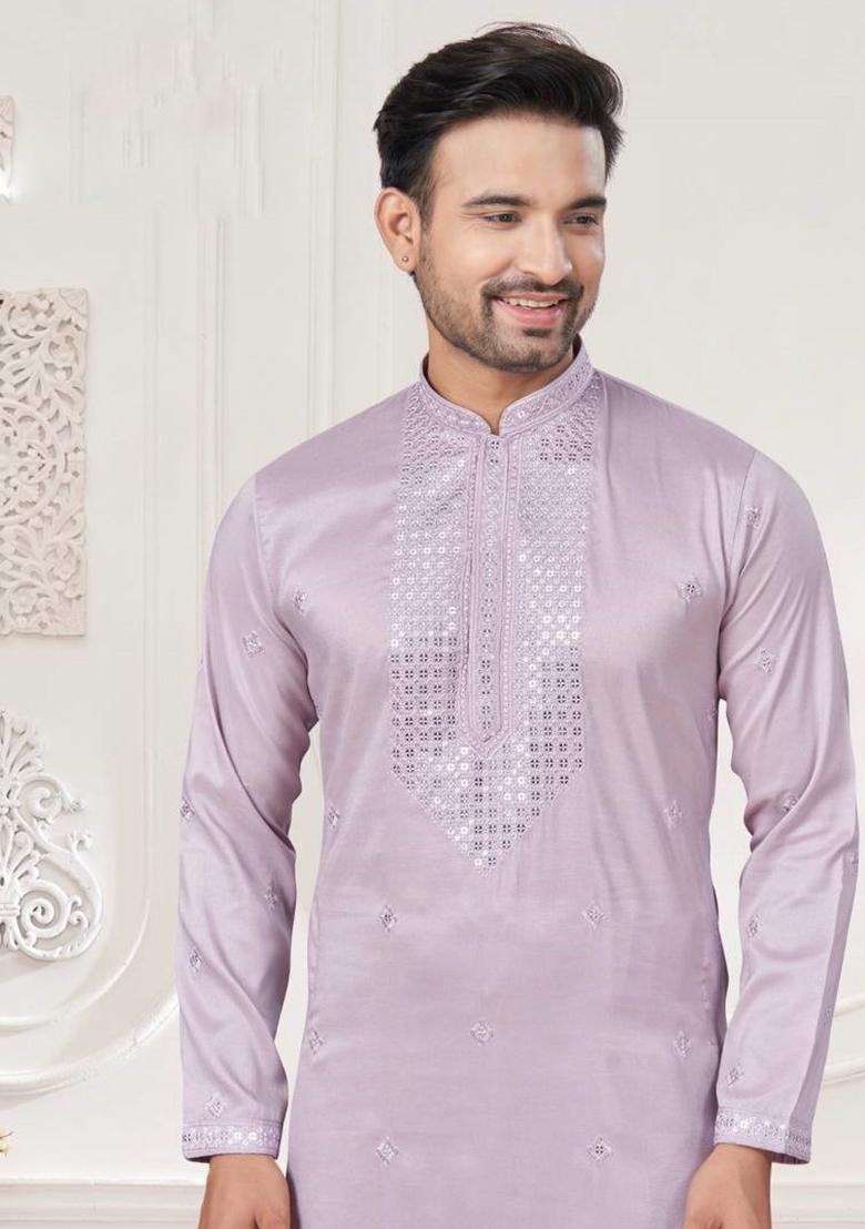 Lavender Embroidered Pure Silk Kurta Set For Men