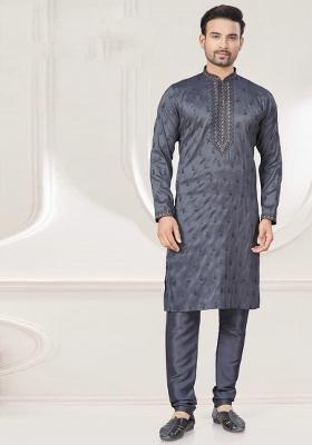 Grey Embroidered Pure Silk Kurta Set For Men