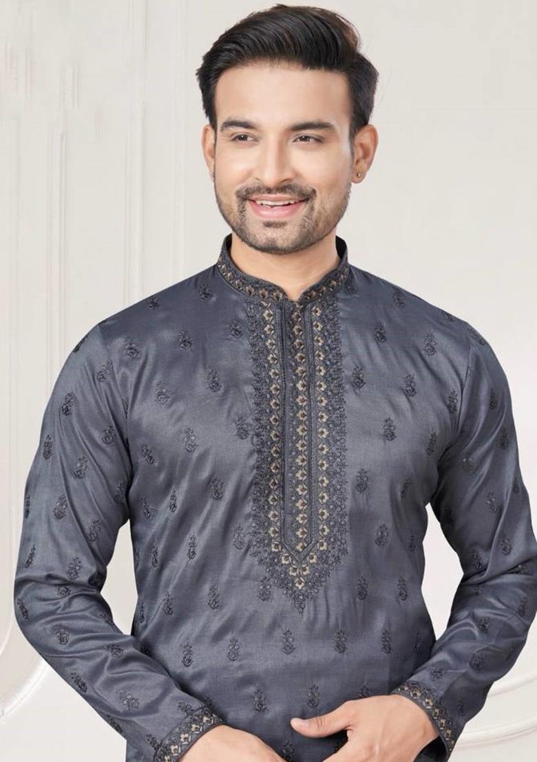 Grey Embroidered Pure Silk Kurta Set For Men