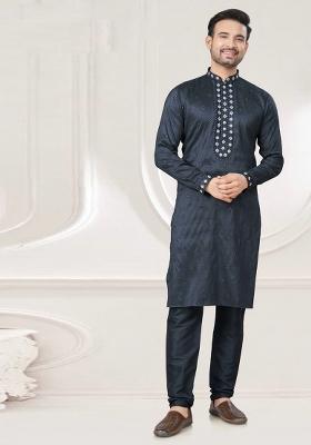 Black Embroidered Pure Silk Kurta Set For Men
