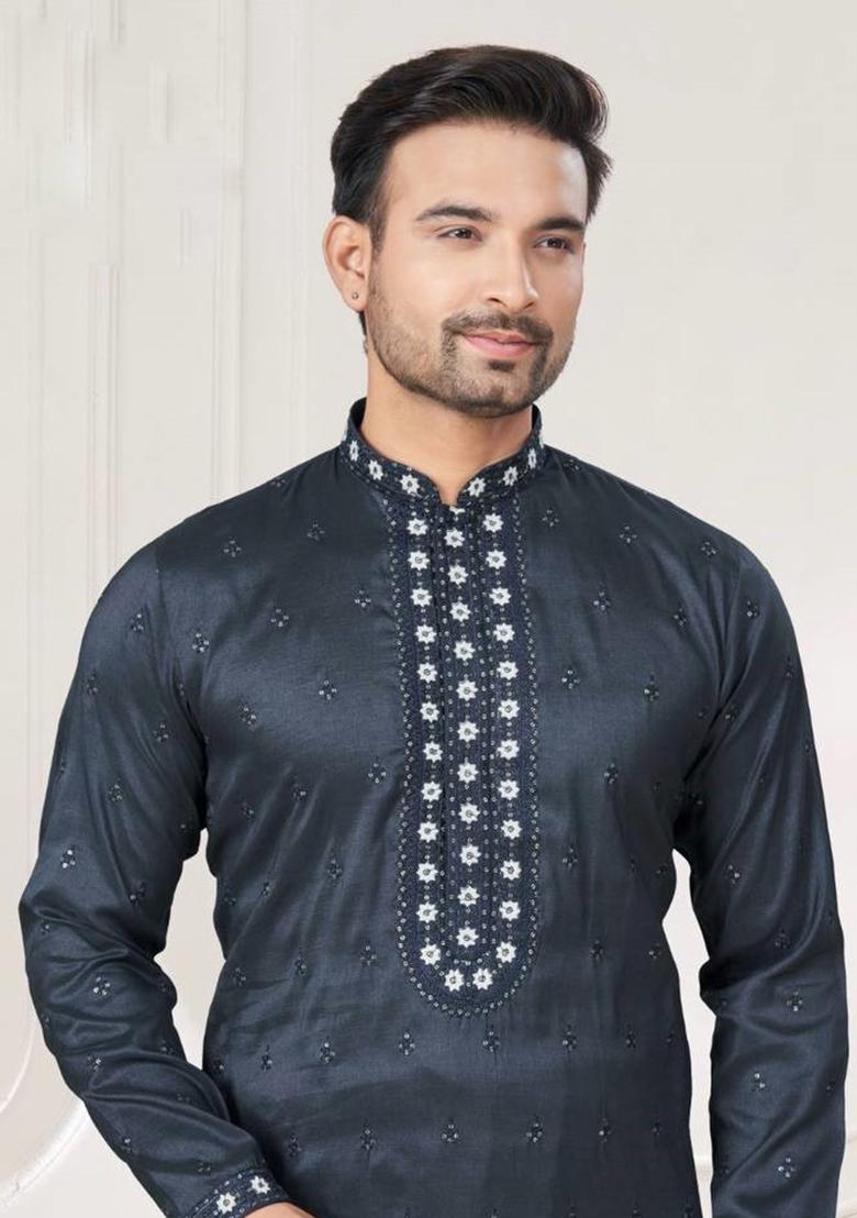Black Embroidered Pure Silk Kurta Set For Men