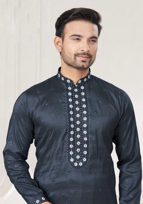Elephant Embroidered Silk Blend Kurtas For Men