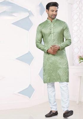 Sea Green Pintux Work Jacquard Kurta Set For Men