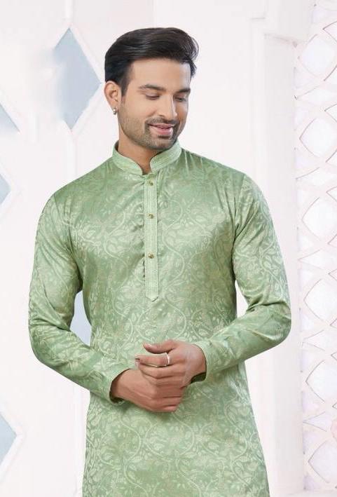 Sea Green Pintux Work Jacquard Kurta Set For Men