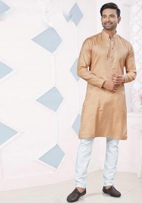 Orange Pintux Work Jacquard Kurta Set For Men