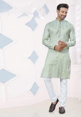 Light Pista Green Pintux Work Jacquard Kurta Set For Men