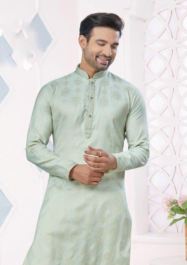 Light Pista Green Pintux Work Jacquard Kurta Set For Men