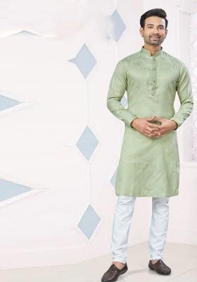 Pista Green Pintux Work Jacquard Kurta Set For Men