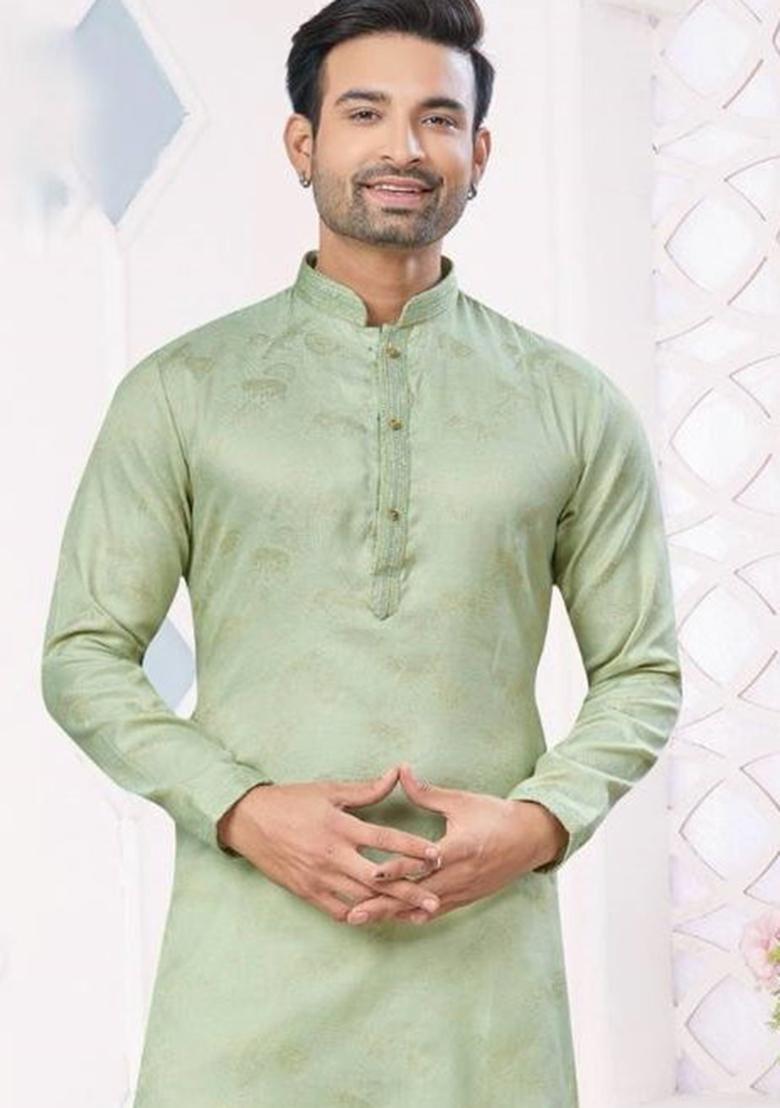 Pista Green Pintux Work Jacquard Kurta Set For Men