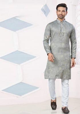 Grey Pintux Work Jacquard Kurta Set For Men