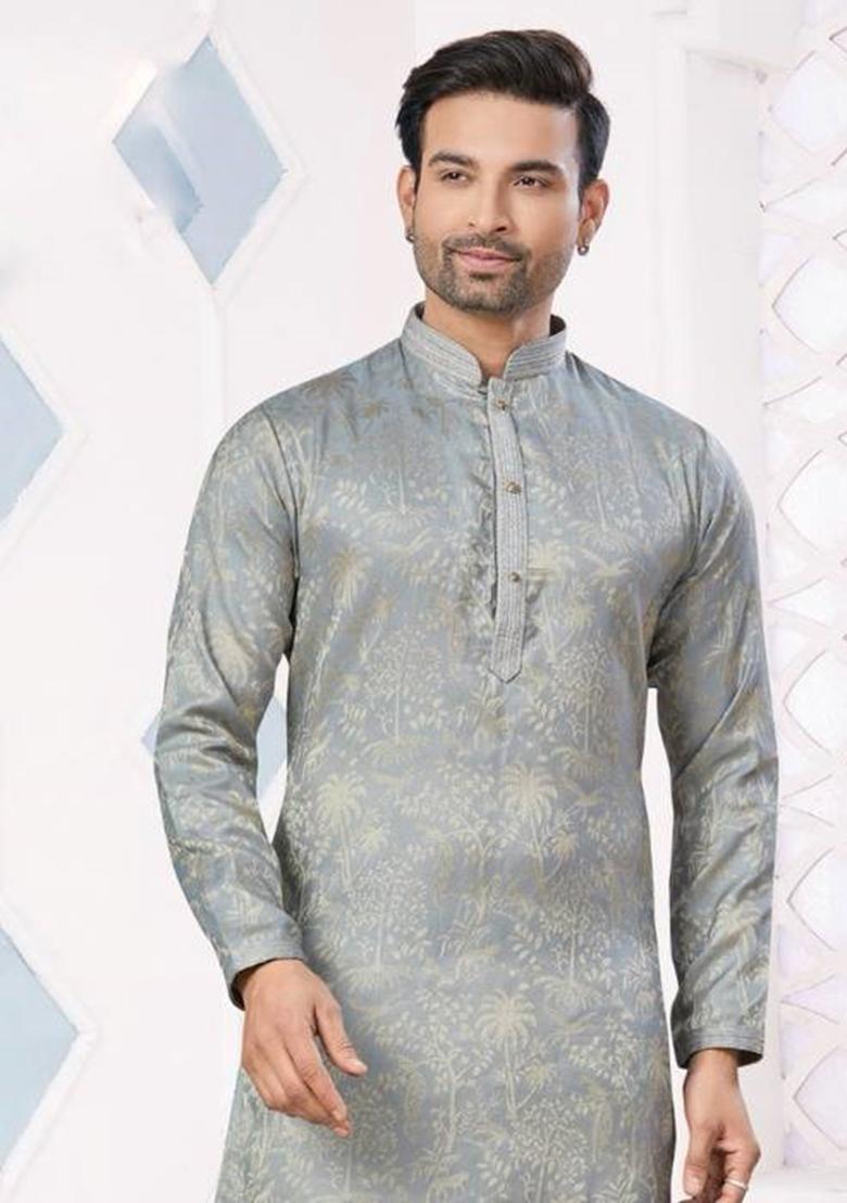 Grey Pintux Work Jacquard Kurta Set For Men