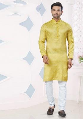 Yellow Pintux Work Jacquard Kurta Set For Men