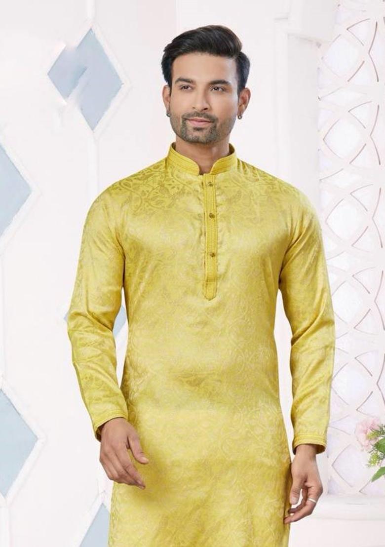 Yellow Pintux Work Jacquard Kurta Set For Men