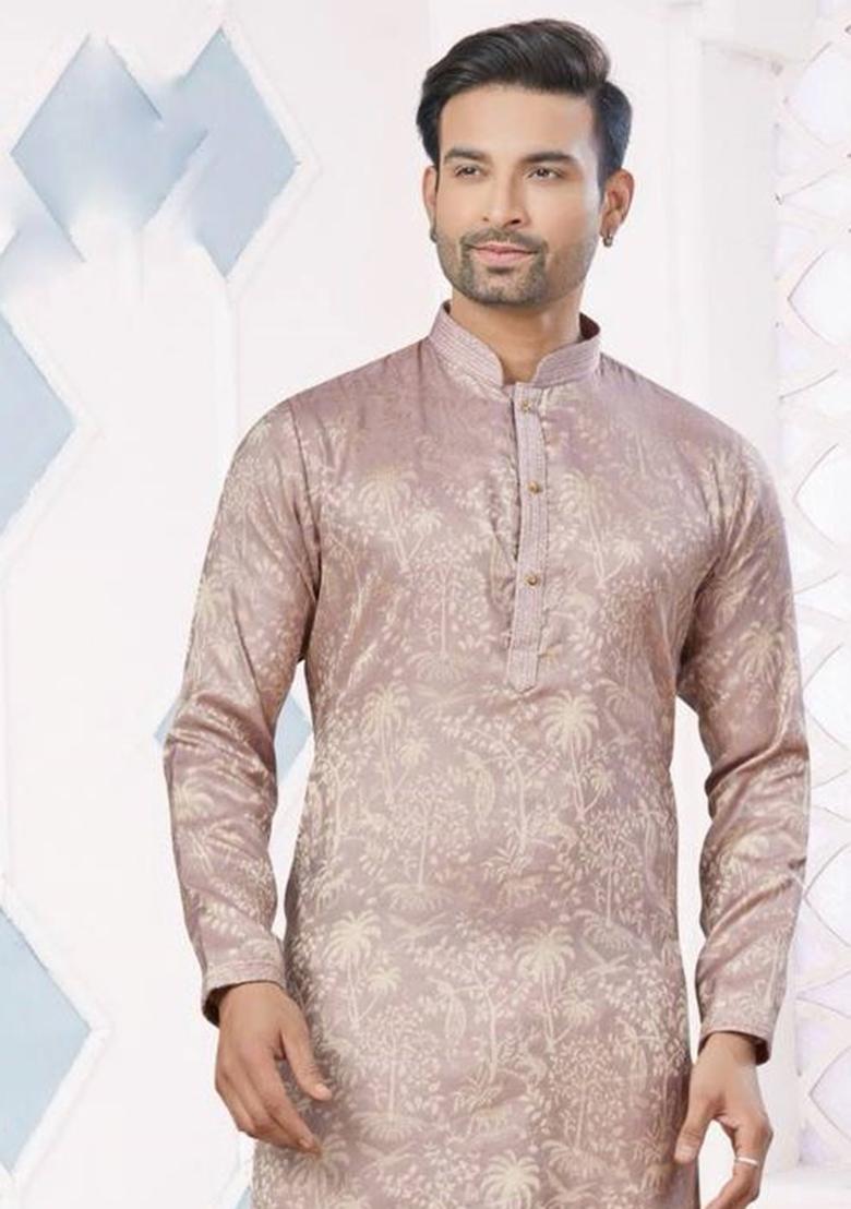 Brown Pintux Work Jacquard Kurta Set For Men