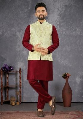 Maroon Self Design Silk Nehru Jacket Set For Men