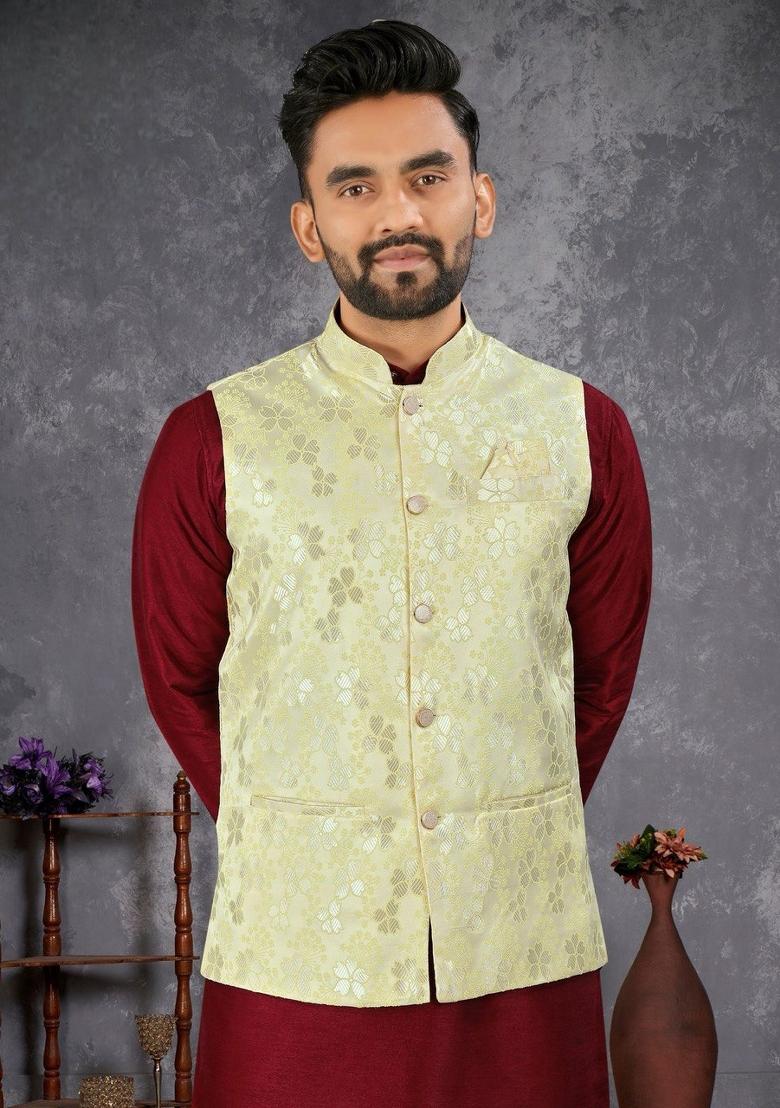 Maroon Self Design Silk Nehru Jacket Set For Men