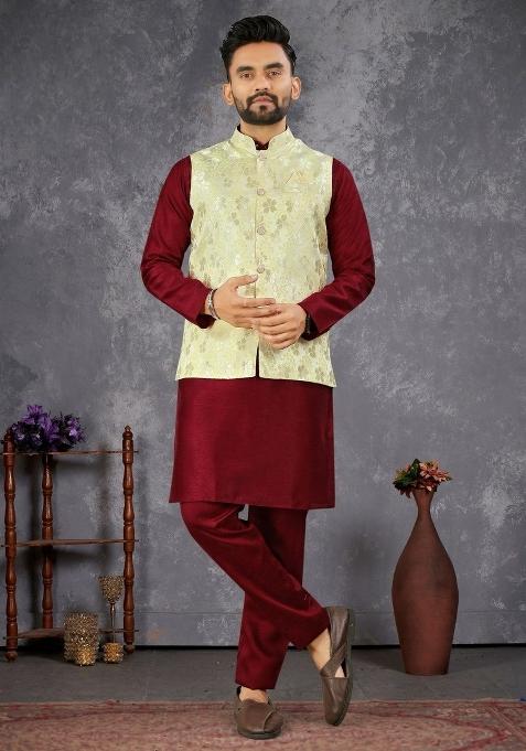 Maroon Self Design Silk Nehru Jacket Set For Men