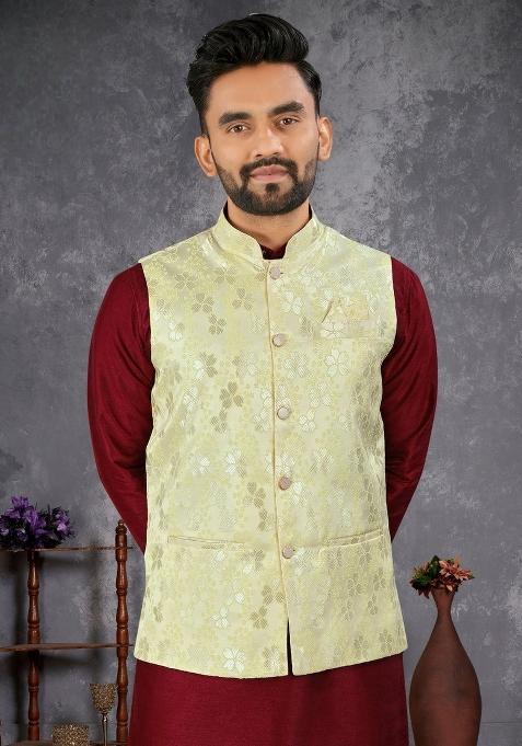 Maroon Self Design Silk Nehru Jacket Set For Men