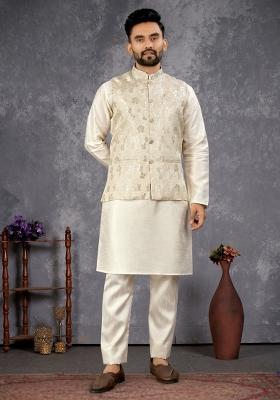 White Self Design Silk Nehru Jacket Set For Men