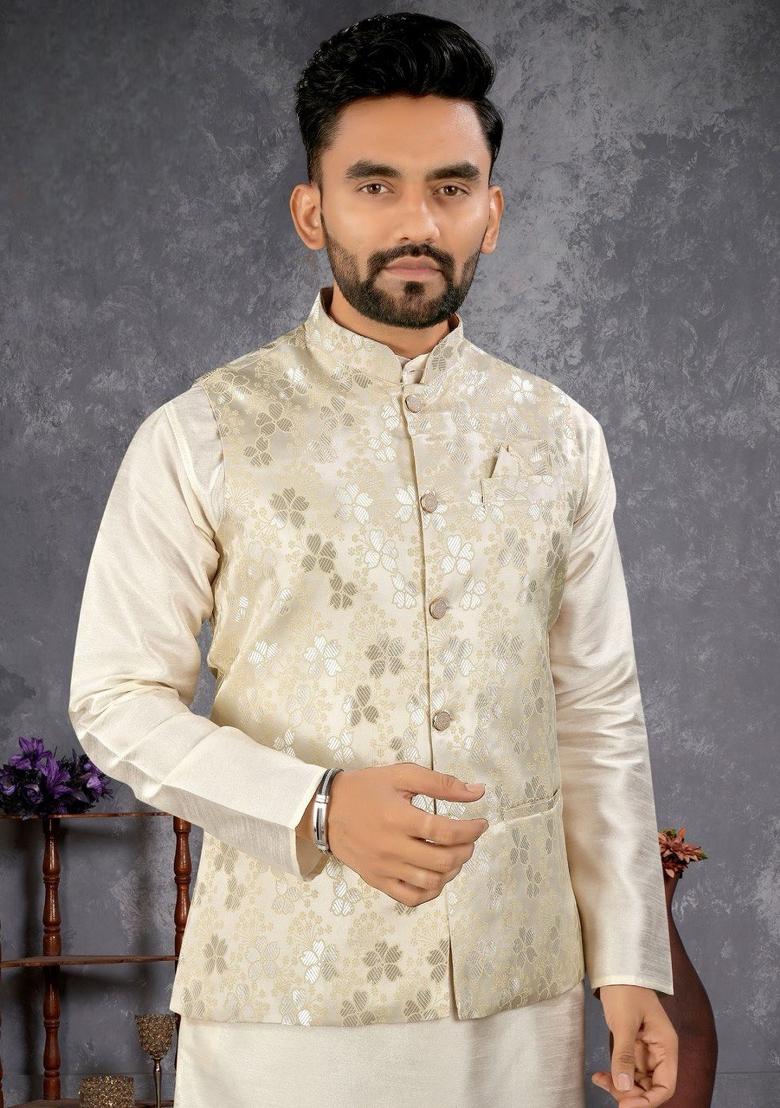 White Self Design Silk Nehru Jacket Set For Men