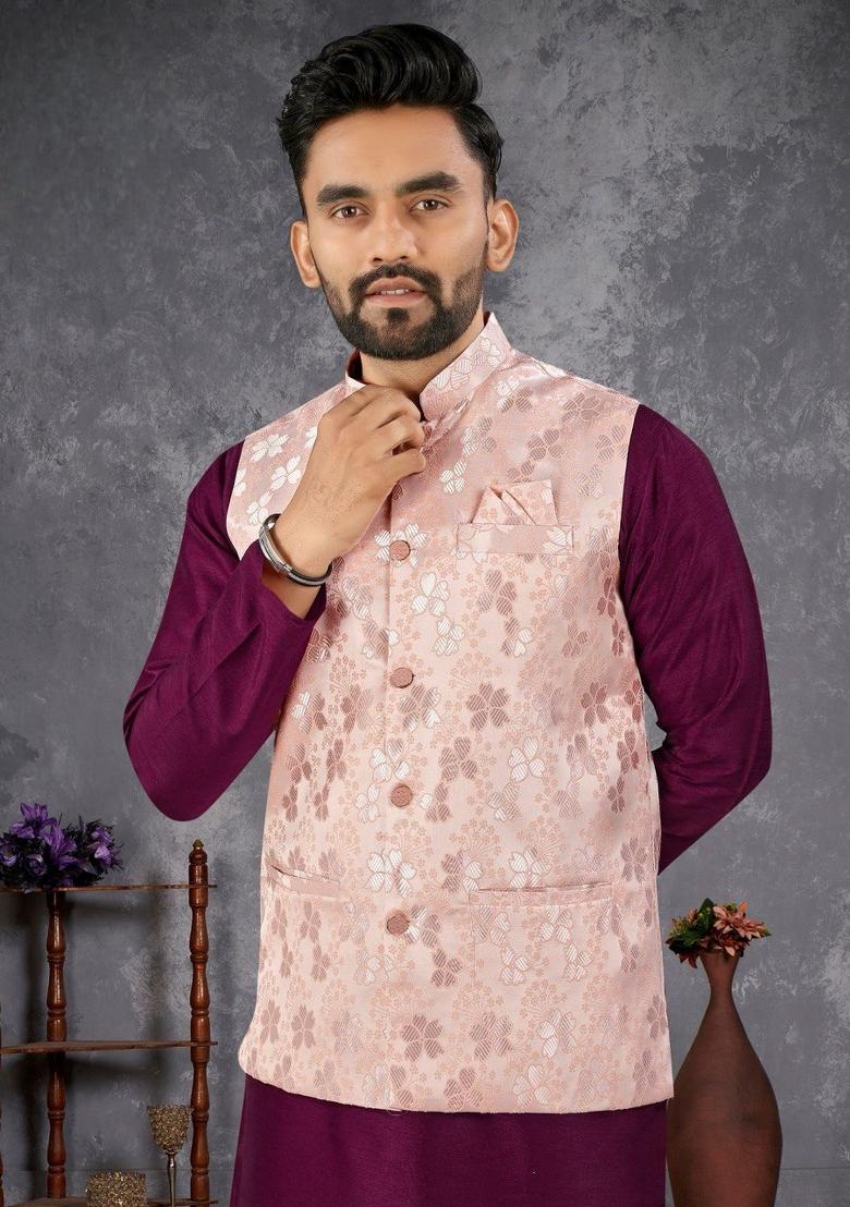 Purple Self Design Silk Nehru Jacket Set For Men