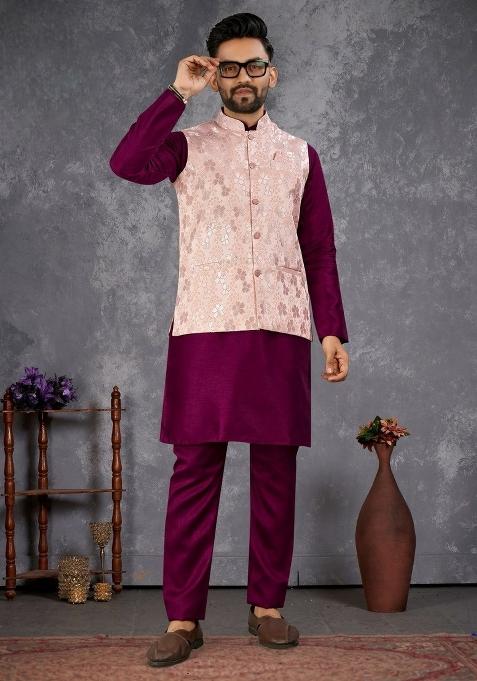 Purple Self Design Silk Nehru Jacket Set For Men