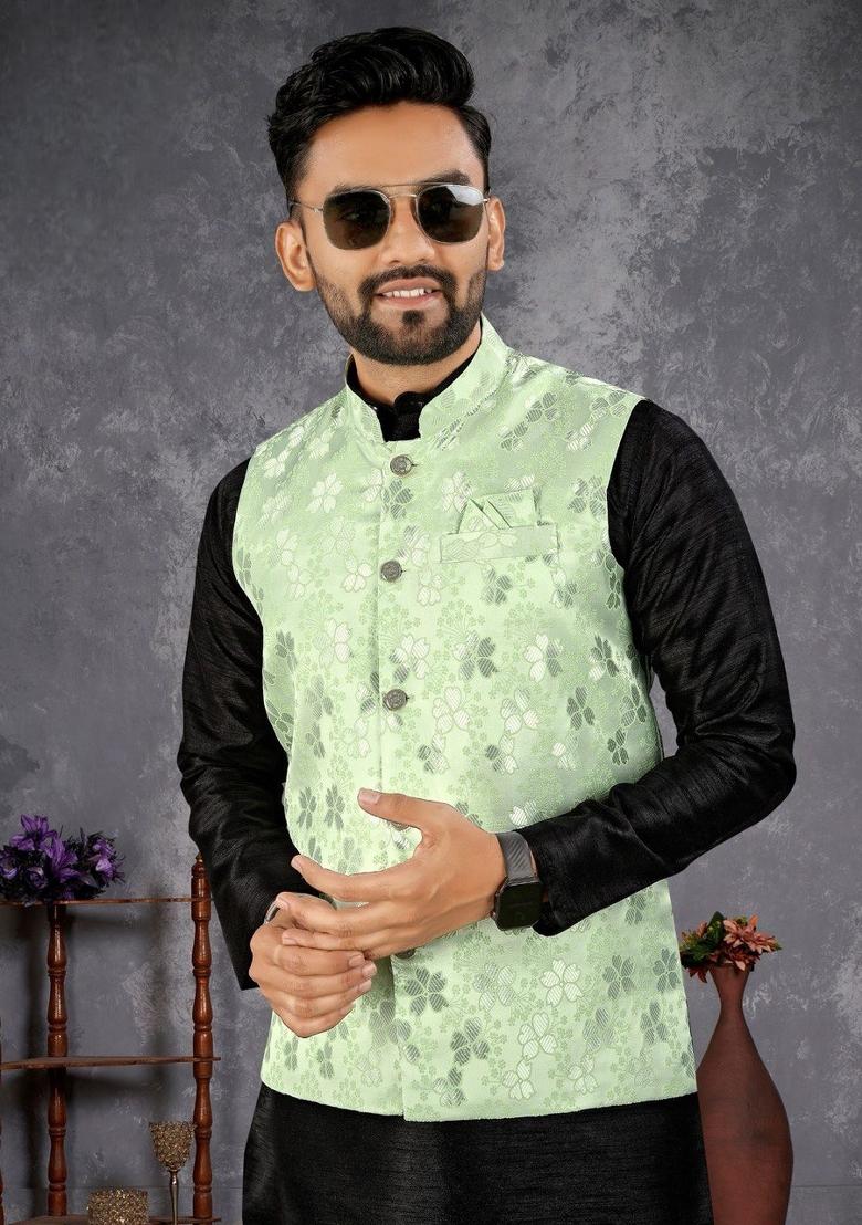 Black Self Design Silk Nehru Jacket Set For Men