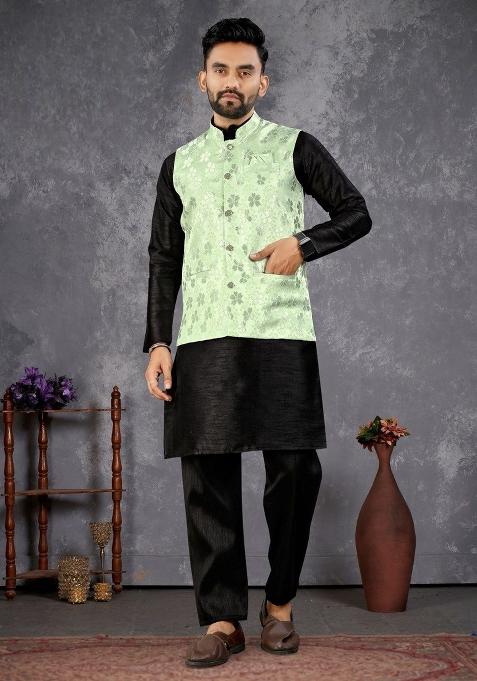Black Self Design Silk Nehru Jacket Set For Men