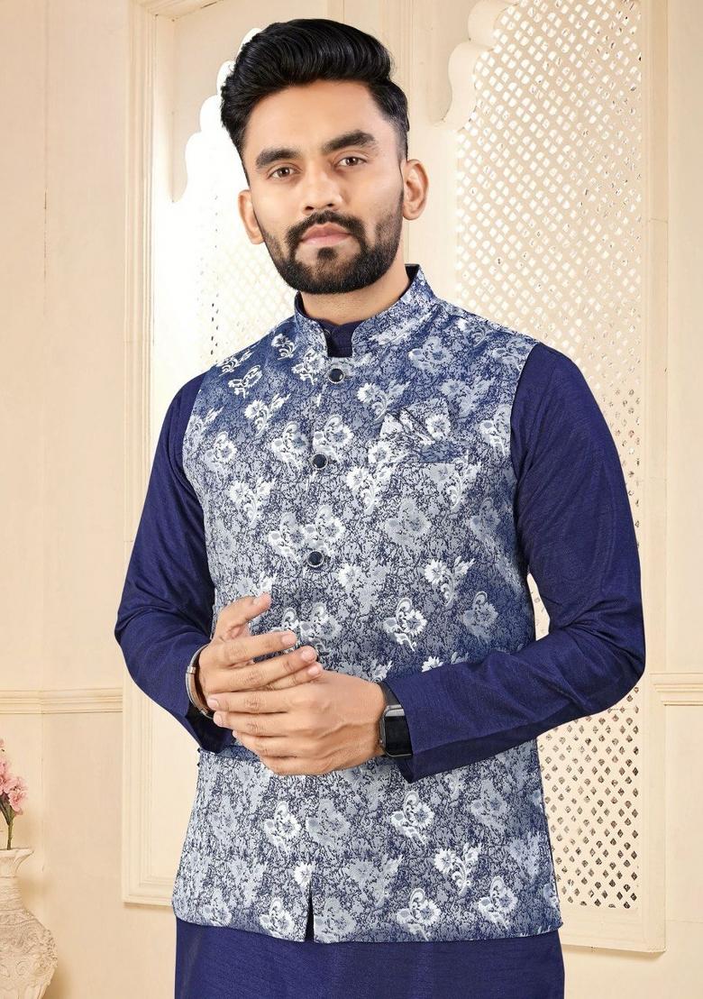 Navy Blue Self Design Silk Nehru Jacket Set For Men