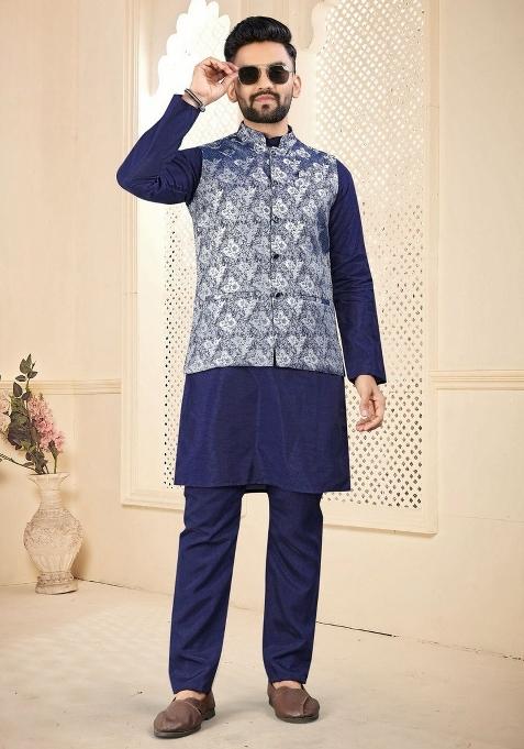 Navy Blue Self Design Silk Nehru Jacket Set For Men