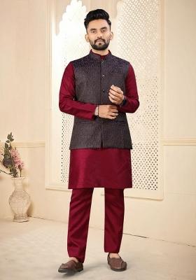 Maroon Self Design Silk Nehru Jacket Set For Men